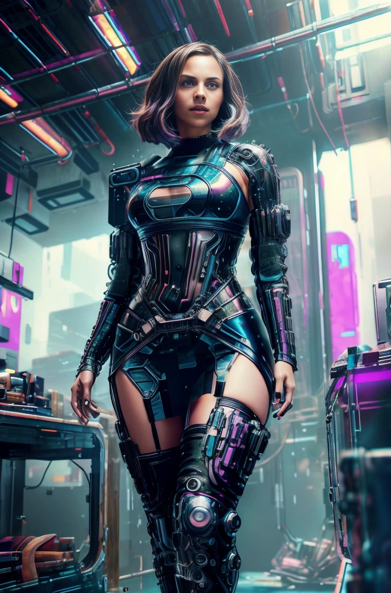 Beautiful girl in cyberpunk scene with medium breasts, medium-bob hair, (see-through, lower breasts), visible from dress, full-body