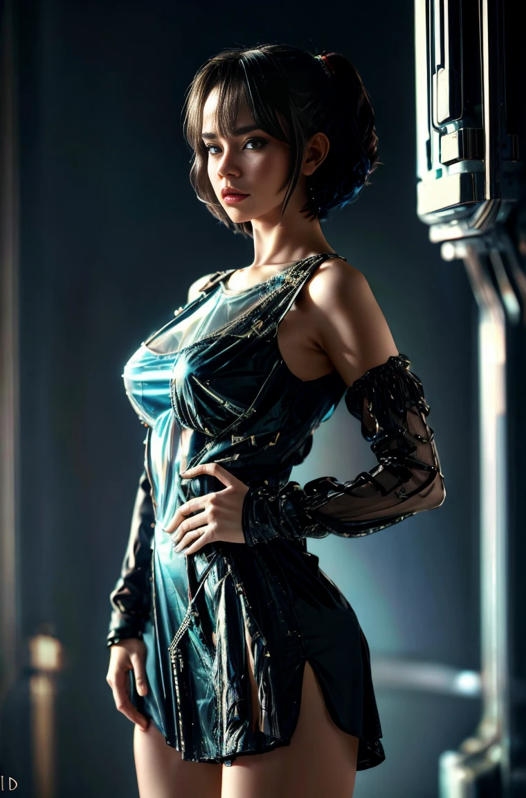 Beautiful girl in cyberpunk scene with medium breasts, medium-bob hair, (see-through, lower breasts), visible from dress, full-body