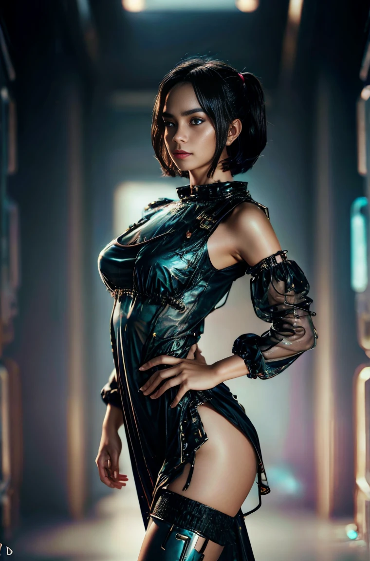 Beautiful girl in cyberpunk scene with medium breasts, medium-bob hair, (see-through, lower breasts), visible from dress, full-body