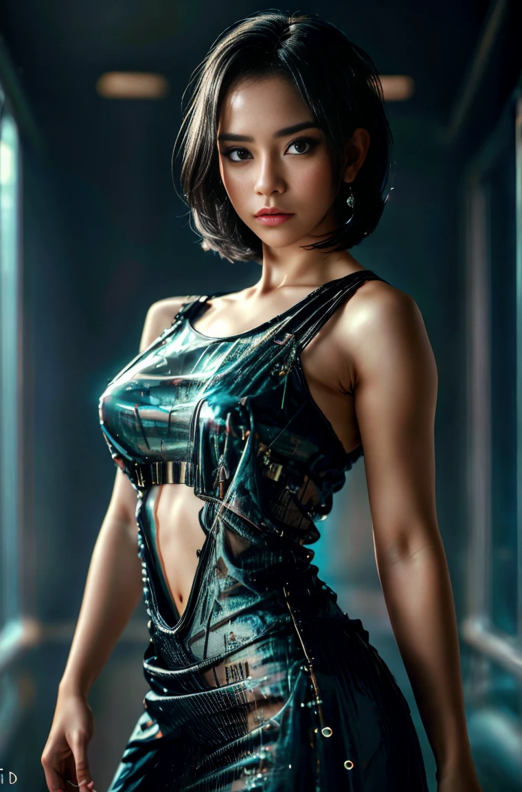 Beautiful girl in cyberpunk scene with medium breasts, medium-bob hair, (see-through, lower breasts), visible from dress, portrait, upper-body, 