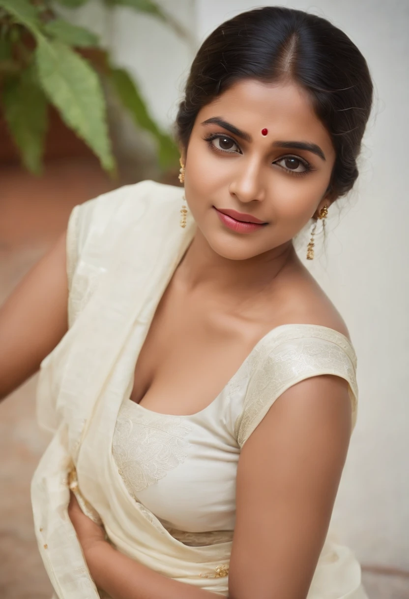 Sexy, big , kerala girl, white onam saree, standing on your feet - SeaArt AI