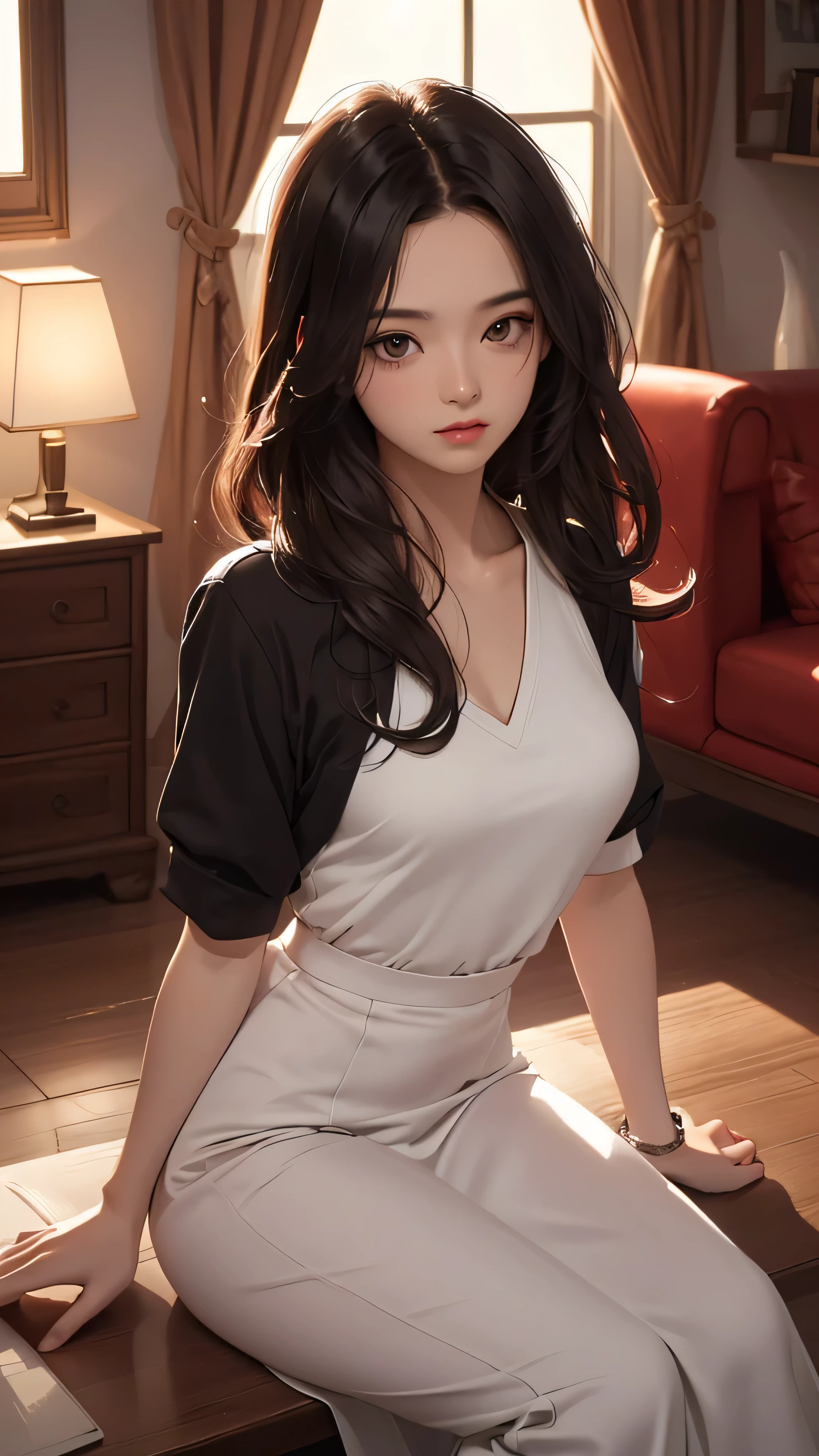 ((Highly detailed CG unit 8k wallpaper, masterpiece, High resolution, highest quality)), (Beautiful woman, put one&#39;Hand in hand&#39;pocket of:1.2, sitting on the ground:1.2, Wear tight dresses), ((highly detailed face, Highly detailed black eyes, detailed body, highest qualityのリアルテクスチャスキン)), (black hair, white skin, ), (warm color, Retro interior, indoor), (high angle:1.2), surreal, digital painting, concept art,