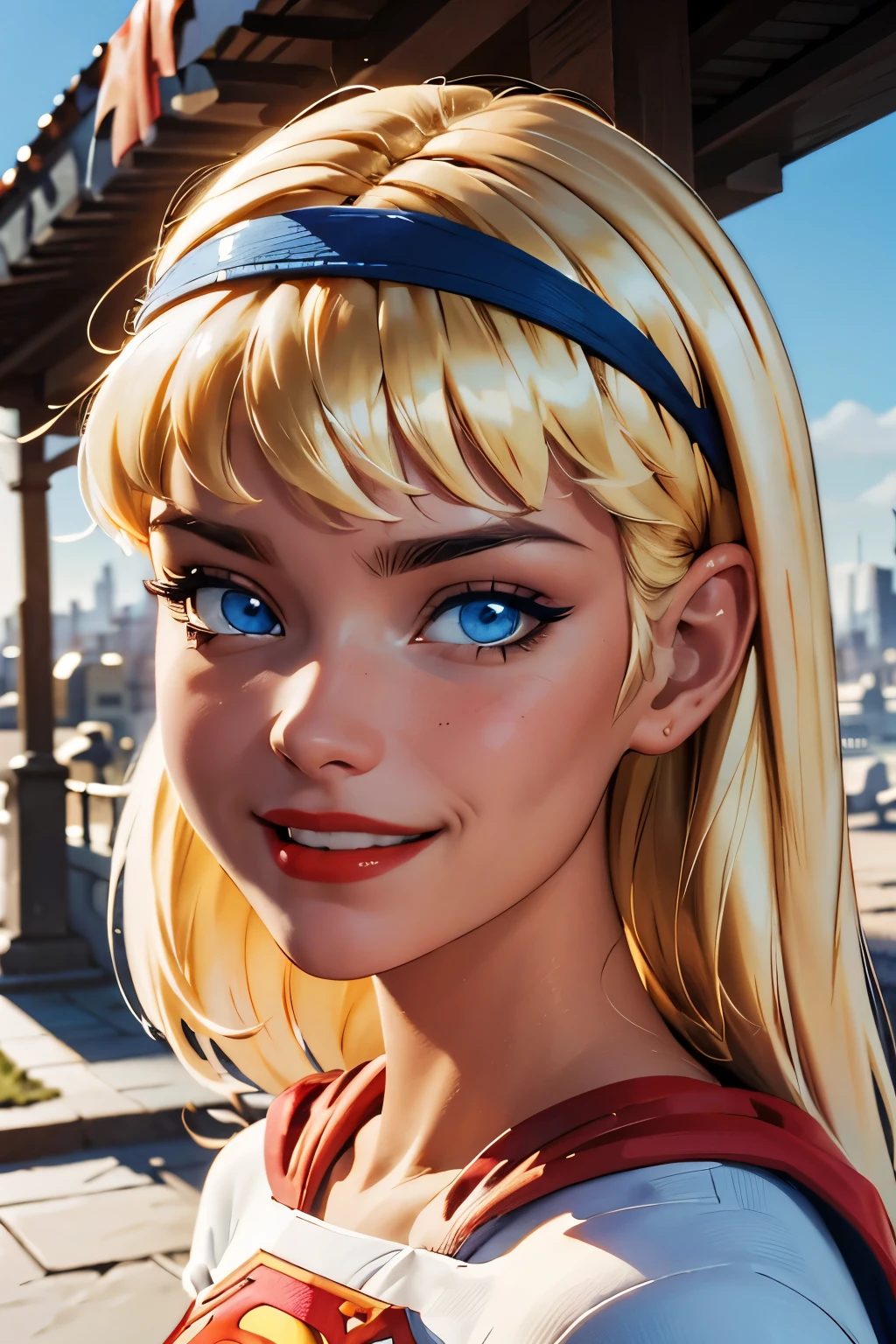 supes, cheveux blond, yeux bleus, haut court, diaphragme,bandeau cape, lèvres rouges, regarder le spectateur, souriant,  portrait en gros plan, 
dehors, ciel bleu,  détail extrême, HDR, belle qualité, 