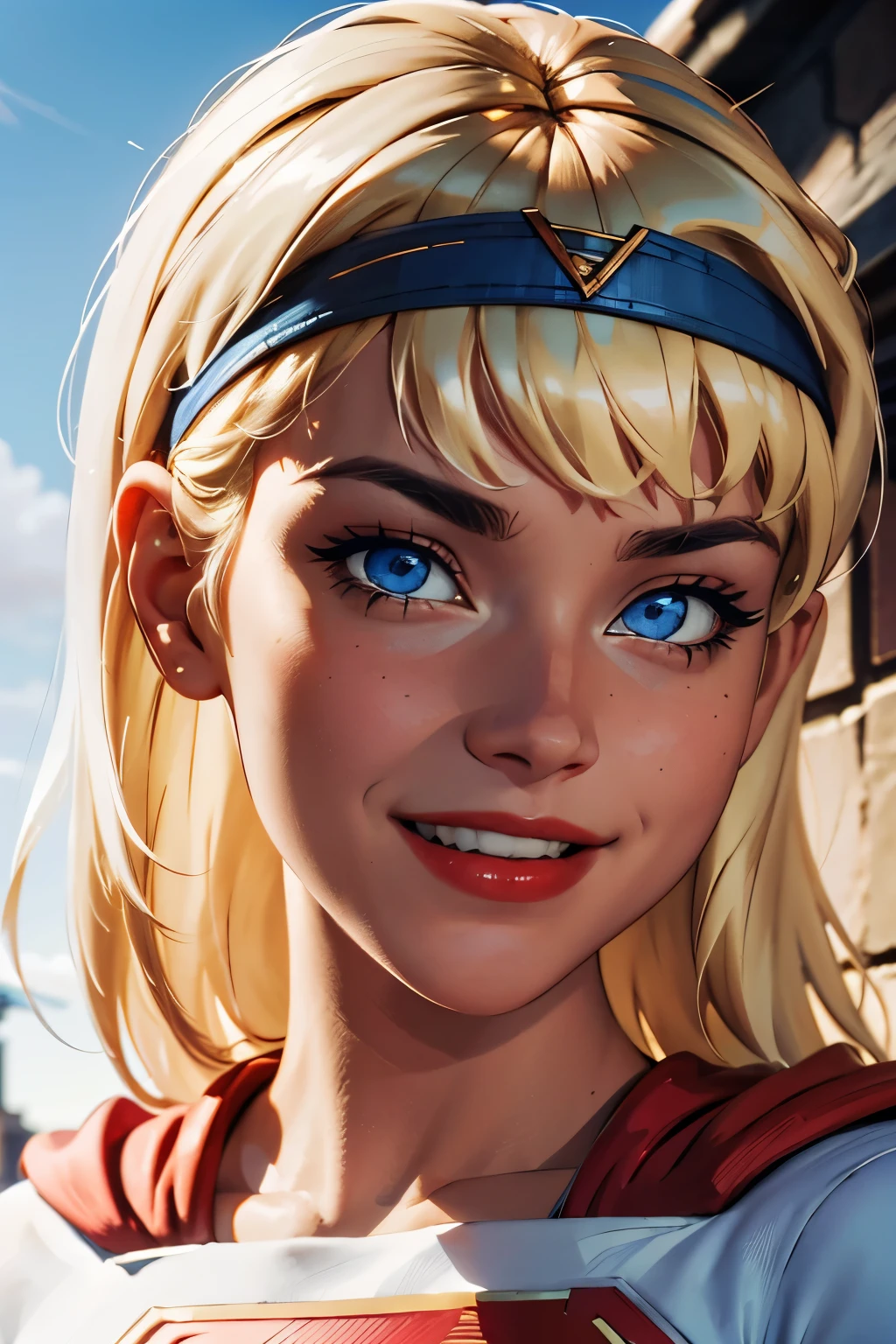 supes, blonde hair, blue eyes, crop top, midriff,cape headband, red lips, looking at viewer, smiling,  close up portrait, 
outside, blue sky,  extreme detail, hdr, beautiful quality, 
