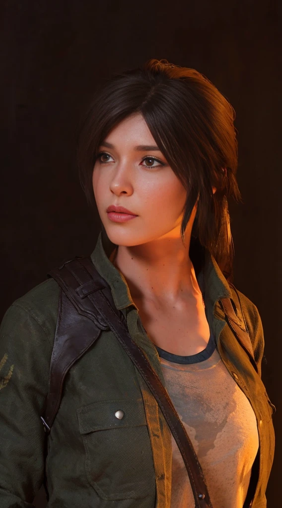 (melhor qualidade,4k,alto,parte mestre:1.2),ultra-detalhado,(realista,fotorrealista,fotorrealista:1.37),Lara Croft,olhos bonitos detalhados,detailed lips and face,Physically based rendering,postura forte e confiante,Traje Tomb Raider,parkour action,atmosfera aventureira,ancient ruins in the background,treasure hunt adventure,3D rendered illustration,cores vivas,movimentos furtivos,expressive facial expressions,Exotic location,retrato profissional,action-packed,dynamic composition,sharp focus,mysterious lighting,ambiente altamente detalhado,Efeito bokeh,intensidade emocional, serious expression