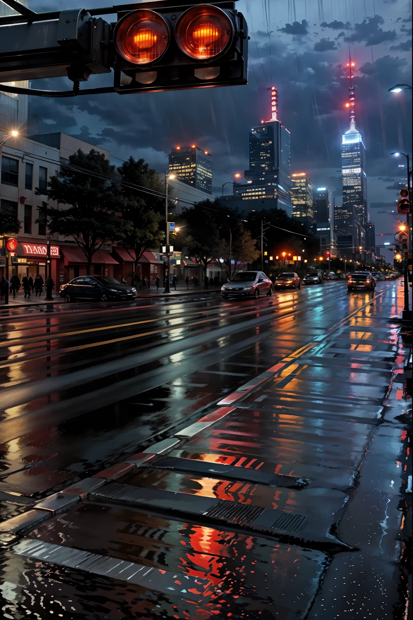 Downtown at dusk、intersection、car honking、((A red light that stops the flow))、Pedestrians waiting impatiently、Bright city lights reflecting on the wet pavement、Impressive skyline in the background、