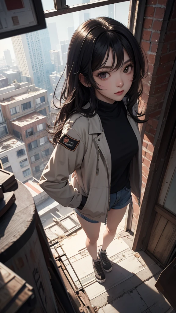 ((Highly detailed CG unit 8k wallpaper, masterpiece, High resolution, highest quality)), (Beautiful woman, put one&#39;s hand in one&#39;s pocket:1.8, grunge fashion:1.2, Wearing a blouson:1.2, Wearing micro mini shorts:1.2, put on shoes:1.1), ((highly detailed face, Highly detailed black eyes, highest qualityのリアルテクスチャスキン)), (black hair, white skin, ), (inside an abandoned building), (high angle:1.2, Fisheye:1.3), hyper realistic, digital painting,