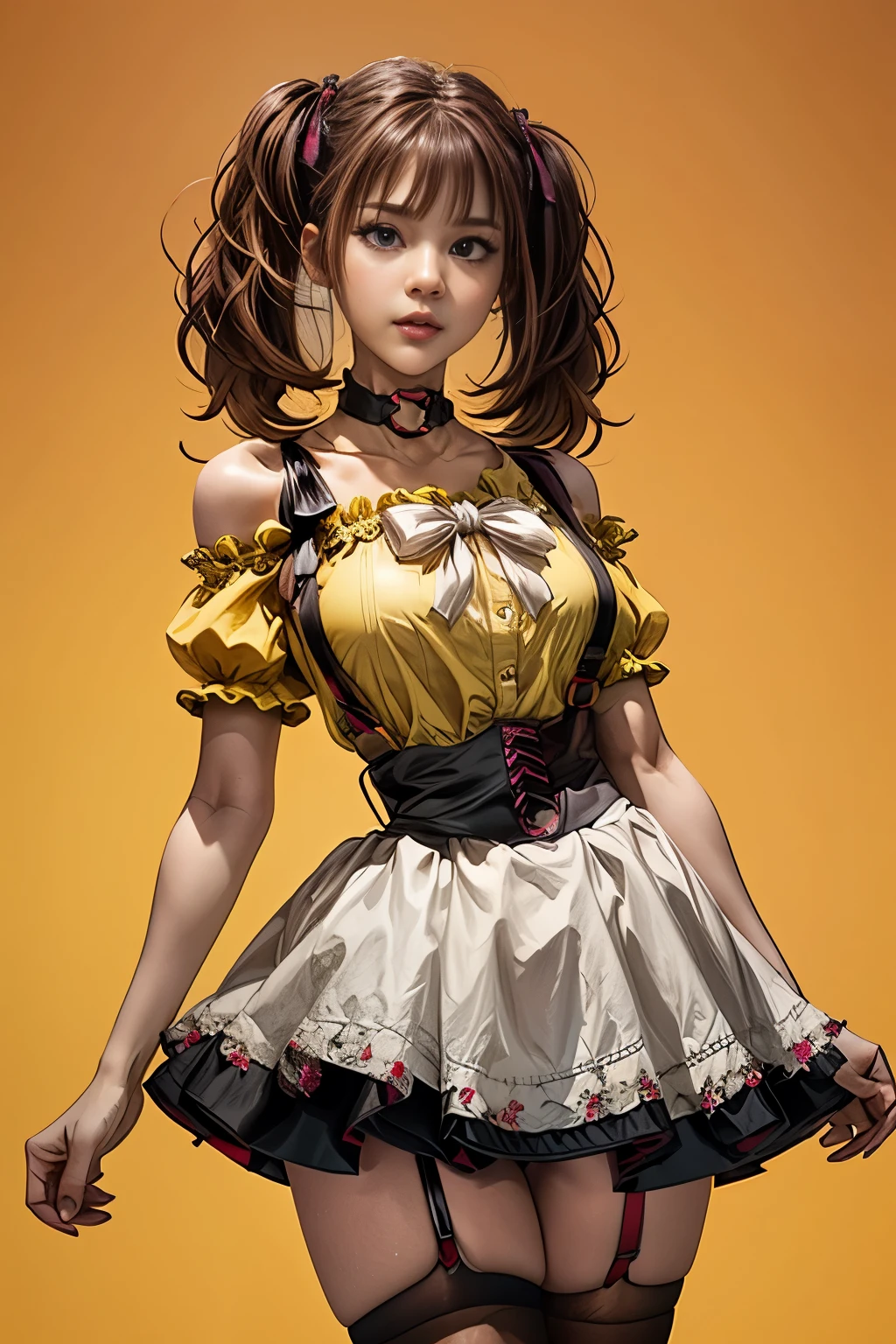 masterpiece, best quality), 1girl, leeroha, twintails,yellow shirt,frilled shirt,off-shoulder shirt,puffy short sleeves,heart choker,suspenders,bow,black skirt,high-waist skirt,thighhighs