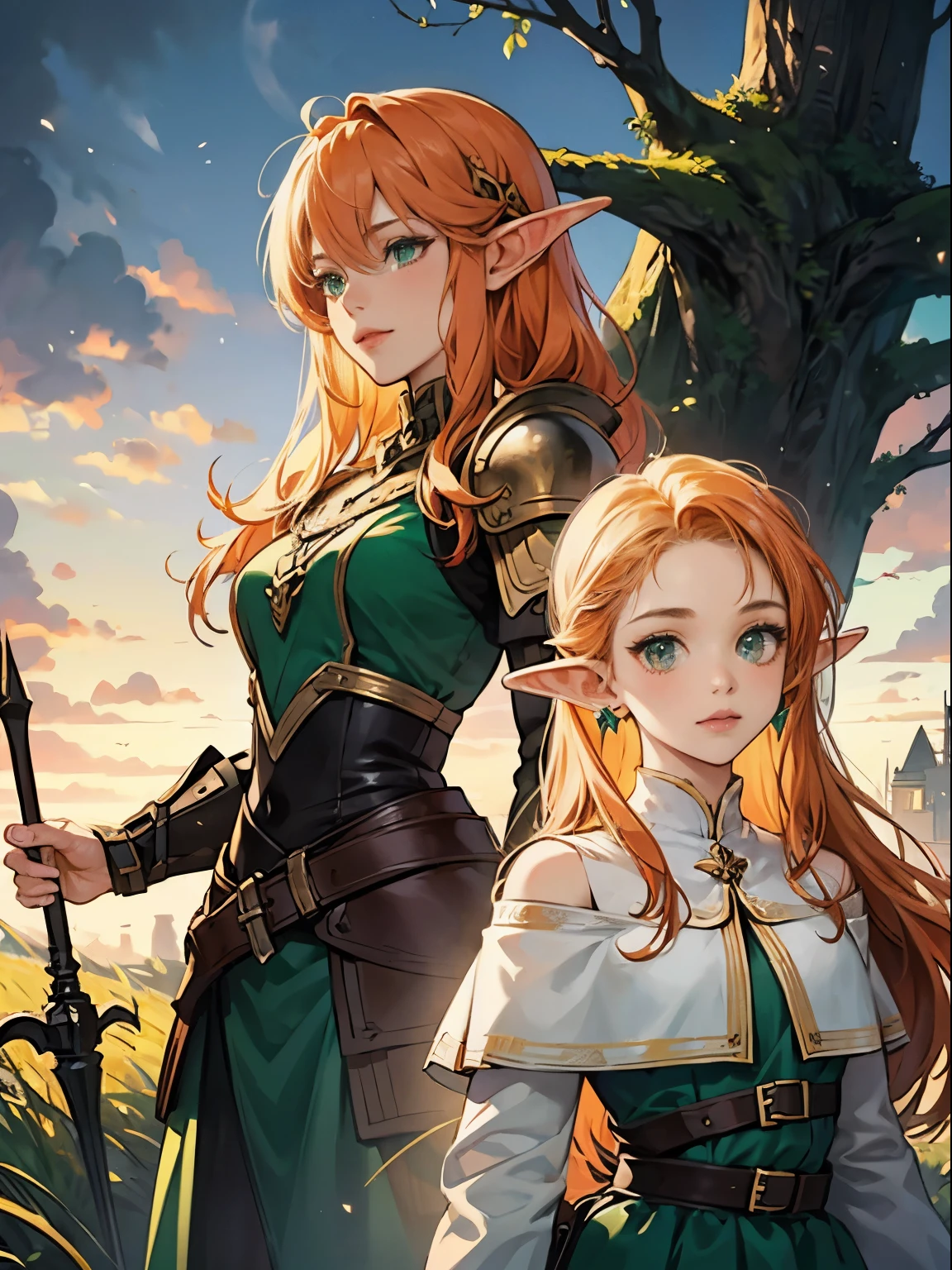 (masterpiece), best quality, expressive eyes, perfect face, two adventurer girls, ( 1 girl, elf ears, blond hair, green eyes, green dress, jewelry, magic user), ( 2 girl, elf ears, orange hair, brown eyes, leather armor, fighter) , magical forest background