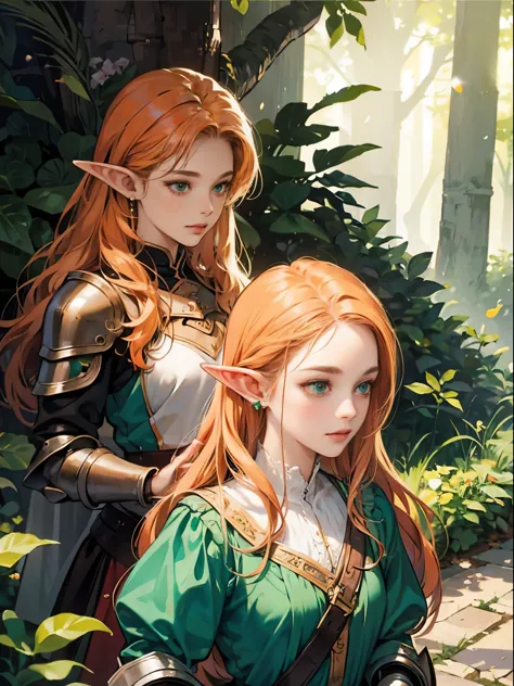 (masterpiece), best quality, expressive eyes, perfect face, two adventurer girls, ( 1 girl, elf ears, blond hair, green eyes, gr...