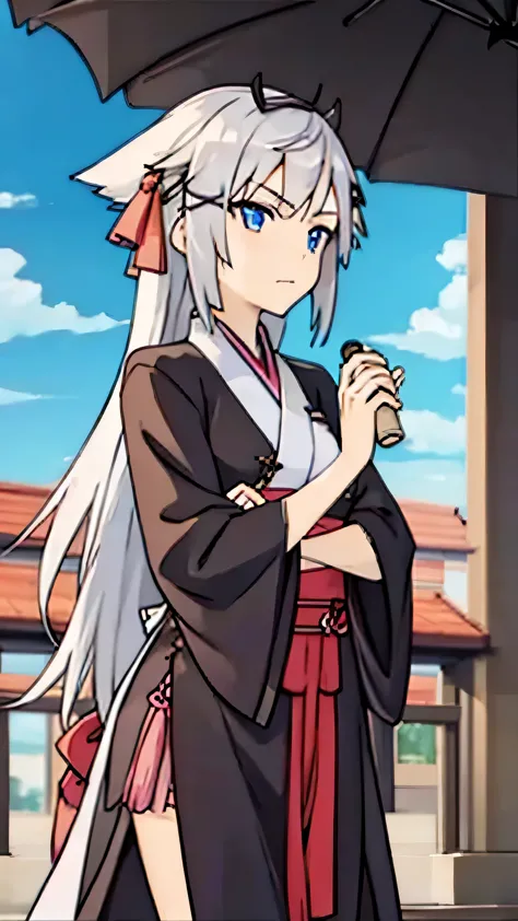 holding a longsword、Silver-haired anime beauty wearing ink-colored Hanfu. The background is anime skulls.