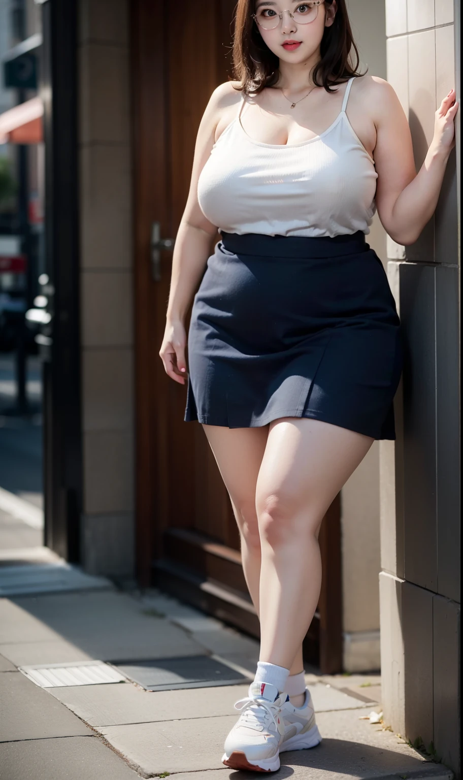 Medium hair, mature woman, big breasts, chubby arm, chubby thighs, chubby armpits, chubby cheeks, korean woman , wearing thight skirt, thight clothes, sneakers, glasses, very chubby body