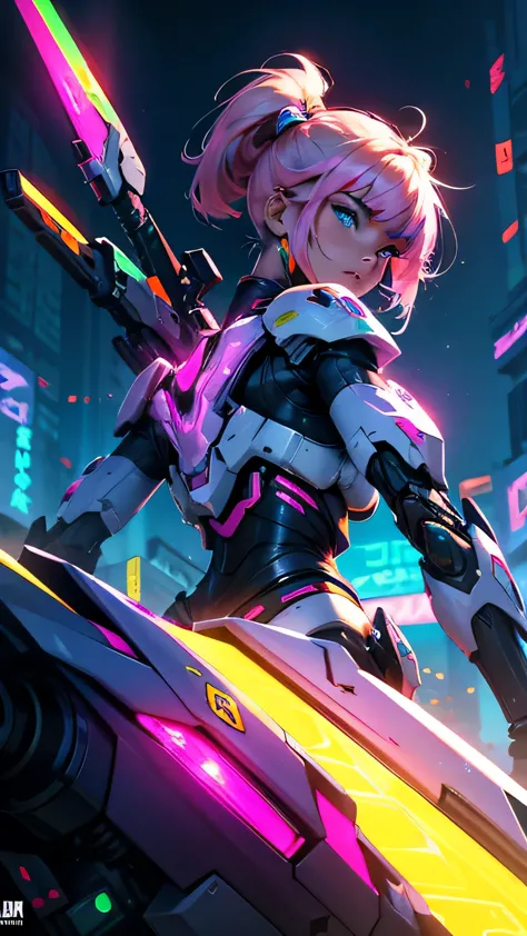 Behind her is a colorful neon female warrior mecha.