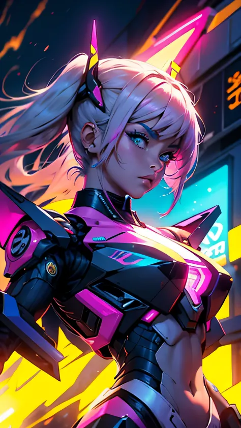 Behind her is a colorful neon female warrior mecha.