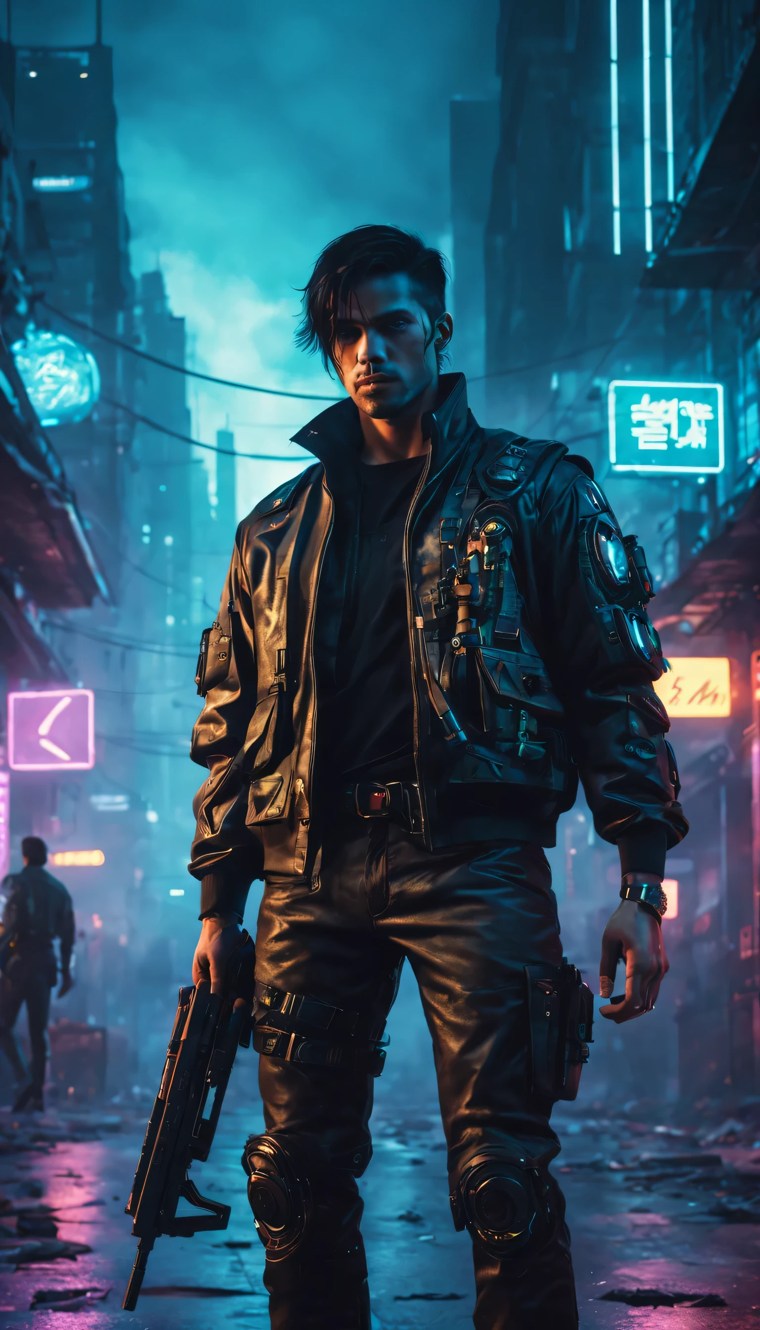 (Best Quality, 4k, 8k, High resolution, Masterpiece: 1.2), ultra detailed, realist, ((man)), black fur, cyberpunk clothing, carrying a futurist weapon in hand, Buildings in the background, neon lights, Cyberpunk City, industrial landscape, dystopian environment, futurist, Light signals, urban decay, dark alleys, dirty streets, wet, Holographic projections, high-tech devices, steampunk elements, night atmosphere, Spectacular lighting, smoke and fog effects, Mysterious atmosphere, integration of artificial intelligence, Sci-Fi Aesthetics, bright colors, Prosperous metropolis, walking robots, on the street
