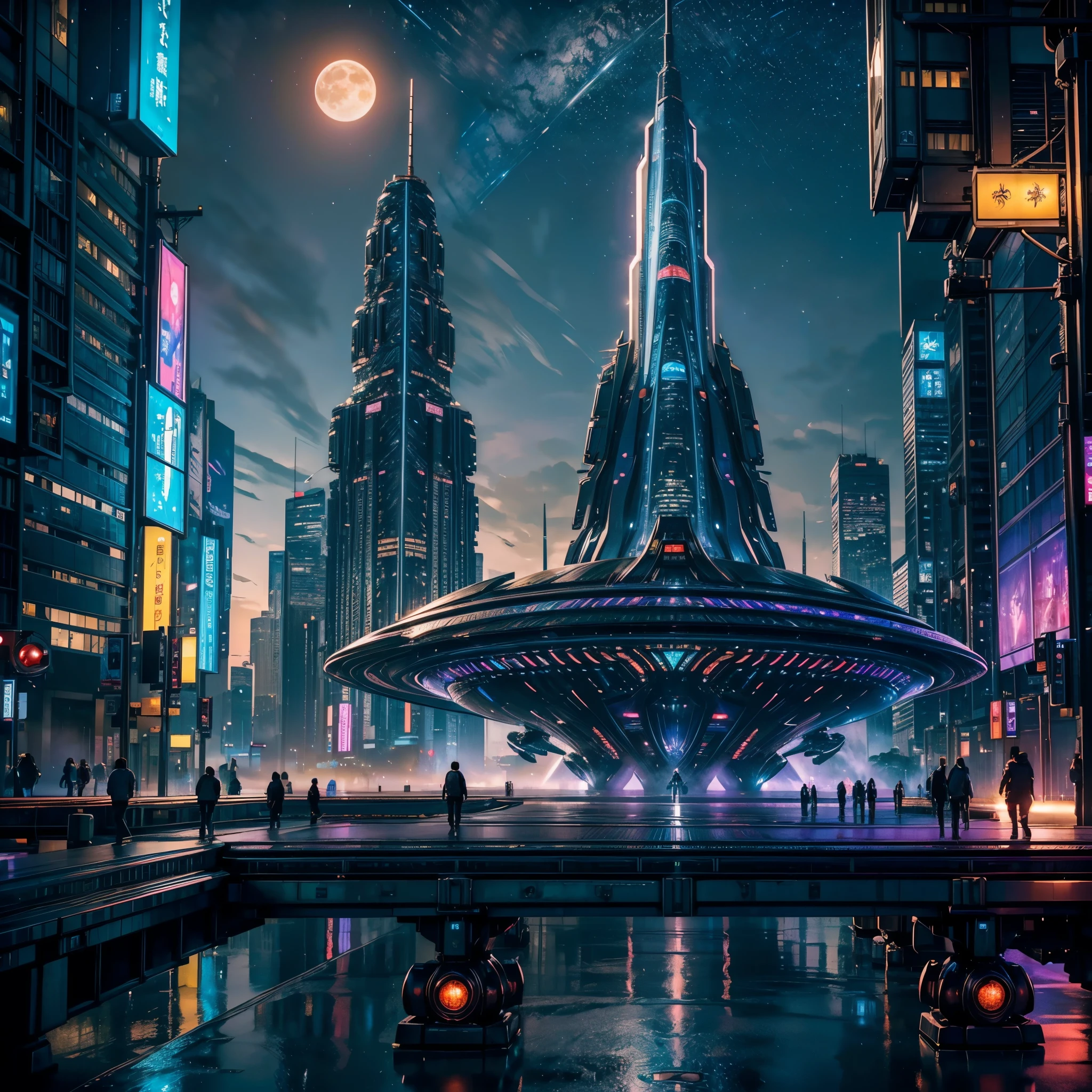 (nébuleuses hyper Nébuleuse étoilée_ciel Coucher de lune lever de lune épique clair de lune spacieux) Dans cette image futuriste d&#39;une ville la nuit，Nous avons été emmenés dans une ville pleine de technologie et d&#39;innovation。De grands gratte-ciel brillent de néons dans le ciel nocturne，Former une série de lignes colorées。Les façades de ces bâtiments sont recouvertes de matériaux réfléchissants，Reflète les lumières environnantes，Créez une atmosphère futuriste。 Dans les rues de la ville，Des voitures et des avions sans conducteur passent，Ils laissent des traces colorées dans le ciel nocturne。Ces véhicules sont constitués de métal lisse et de matériaux transparents，Cela donne une idée de la technologie et de l’avenir。Les gens portent des vêtements à la mode，Porter des lunettes et un bracelet intelligents，Intégrer la technologie。 Le centre de la ville est immense，Il y a une immense projection d&#39;écran d&#39;eau sur，Affiche une variété d&#39;images et d&#39;animations magnifiques。Des gens entourent la projection du rideau d’eau，Admirez les œuvres d&#39;art et les expositions technologiques pour une expérience interactive unique。entouré d&#39;une ceinture verte，Planter les plantes du futur，Ces plantes émettent une faible fluorescence，Ajouter une touche de vitalité et de saveur naturelle à la ville。 Au loin de l&#39;image，Nous pouvons voir un immense port spatial，Le vaisseau spatial qui décolle，Transporter des gens vers des régions inconnues de l&#39;univers。La conception architecturale du port spatial est unique，Plein de courbes et d&#39;éléments épurés，Cela donne une impression de technologie futuriste。 L&#39;ensemble du tableau est plein d&#39;un sentiment de technologie et d&#39;avenir，Montrer une ville future pleine d’innovation et d’imagination。Ce tableau riche en détails，vibrant de couleurs d&#39;imagination et de créativité，Cela donne aux gens l’impression d’être dans un monde futur plein de merveilles technologiques， (Cyberpunk night❤heart view， ultra - détaillé， détails complexes， couleur profonde， de manière réaliste， chef-d&#39;œuvre， éclairage cinématique， bokeh， moteur irréel 5， rendu par octane， lissage du film , réflexion luminescence foyer à lueur cristalline) floraison floraison invoquer la magie monarque varie multi etc.. --v 6 --s 1000 --c 20 --q 20 --chaos 100