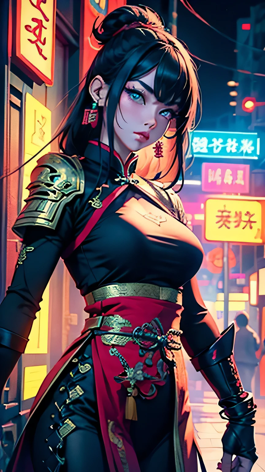 화려한、그녀 뒤에 있는 높은 건물에 네온 불빛을 가진 중국 스타일의 여전사  