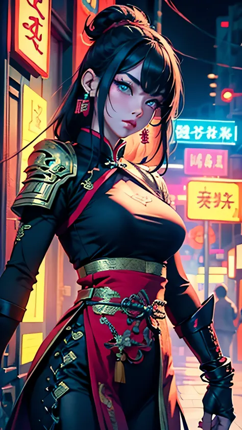 colorful、Chinese style female warrior with neon lights on the tall building behind her  