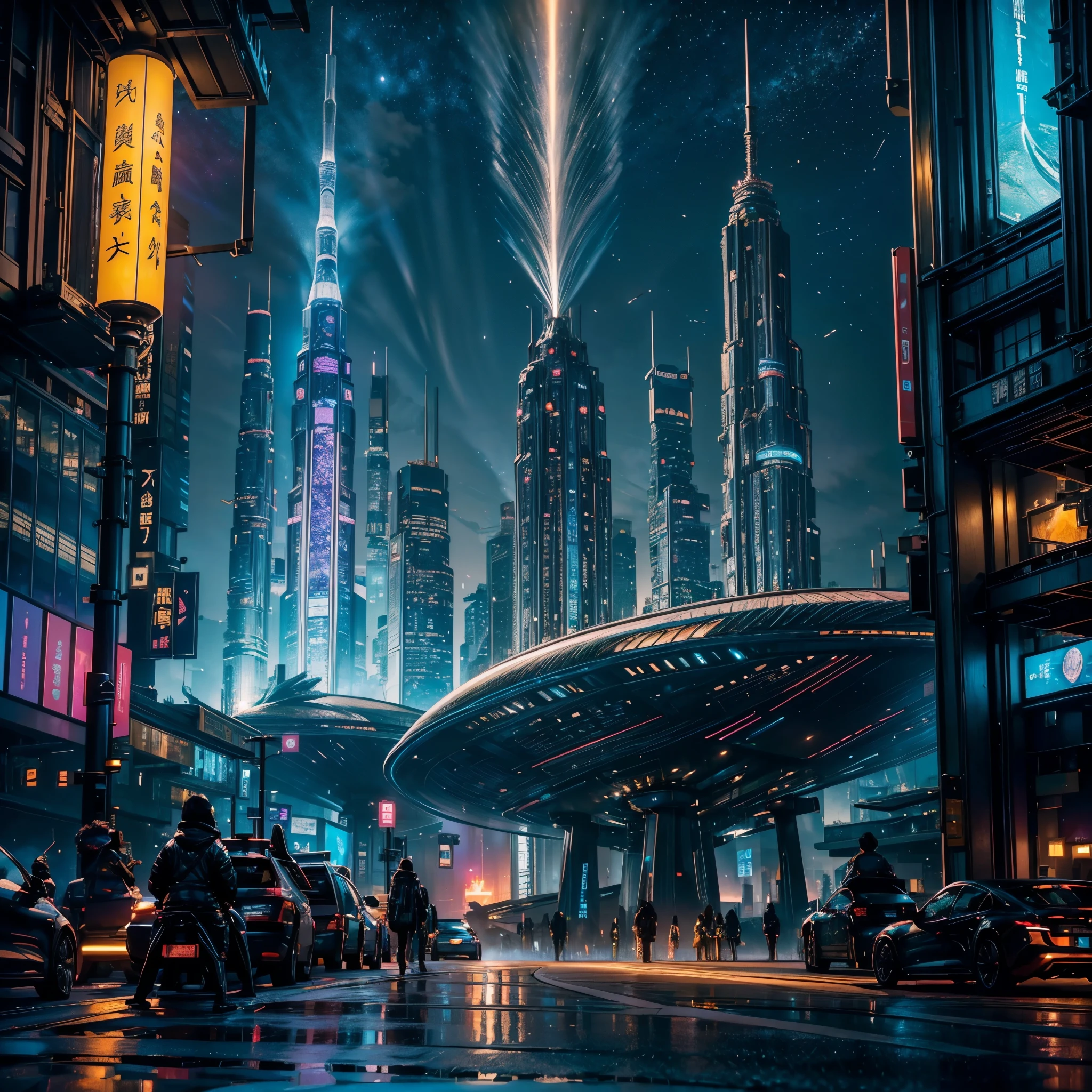 (nebulosas hiper nebulosa estrelada_céu Pôr da lua épico nascer da lua espaçoso luar) Nesta imagem futurística de uma cidade à noite，Fomos levados para uma cidade cheia de tecnologia e inovação。Arranha-céus altos brilham com luzes de néon no céu noturno，Formando uma série de linhas coloridas。As fachadas destes edifícios são revestidas com materiais reflexivos，Reflete as luzes circundantes，Crie uma atmosfera futurista。 nas ruas da cidade，Carros e aeronaves sem motorista voam，Eles deixam rastros coloridos no céu noturno。Esses veículos são feitos de metal liso e materiais transparentes，Dá uma sensação de tecnologia e do futuro。As pessoas usam roupas da moda，Usando óculos inteligentes e pulseira，Integre-se com a tecnologia。 O centro da cidade é um enorme，Há uma enorme projeção de tela de água，Exibe uma variedade de lindas imagens e animações。Pessoas cercam a projeção da cortina de água，Admire as obras de arte e a exibição de tecnologia criando uma experiência interativa única。cercado por um cinturão verde，Plantando plantas do futuro，Essas plantas emitem fluorescência fraca，Adicionando um toque de vitalidade e sabor natural à cidade。 ao longe da imagem，Podemos ver um enorme espaçoporto，A nave espacial decolando，Transportando pessoas para áreas desconhecidas do universo。O projeto arquitetônico do espaçoporto é único，Cheio de curvas e elementos simplificados，Dá uma sensação de tecnologia futurista。 Toda a imagem repleta de um senso de tecnologia e do futuro，Mostrando uma cidade futura cheia de inovação e imaginação。Esta pintura rica em detalhes，vibrante com cores de imaginação e criatividade，Faz as pessoas se sentirem como se estivessem em um mundo futuro cheio de maravilhas tecnológicas， (Cyberpunk night❤heart view， ultra-detalhado， detalhes intrincados， cor profunda， realisticamente， obra-prima， iluminação cinematográfica， Bokeh， motor irreal 5， renderização por octanagem， suavização de filme , reflexão luminescência brilho cristalino lareira) flores floraison invocar monarca mágico varia multi etc.. --v 6 --s 1000 --c 20 --q 20 --caos 100