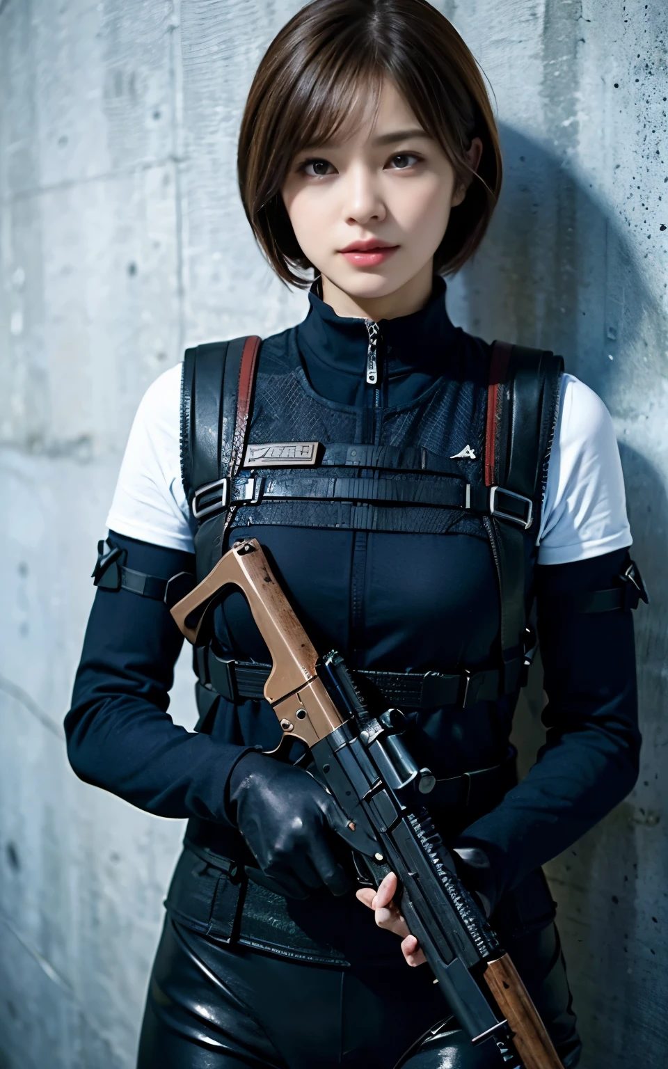 ((Best Quality, 8K, Masterpiece: 1.3)), ((best quality)), photorealistic, photorealism, Photorealistic, high resolution, 1lady aiming with an  assault rifle, 40 yo, Combat pose, looking at the camera, (Detailed face), short hair, (wearing red rubber suit, tactical vests, military harness, black gloves, high-tech headset), cloths color based on black dark blue), revealed thigh, Gun, Fingers are occluded, concrete wall background,