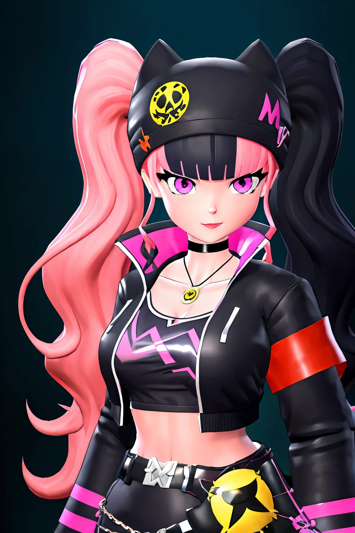 masterpiece, best quality,ZOE,1girl,jacket,multicolored hair,twintails,solo,black hair,black belt,black jacket,pink eyes,belt,hat,pink hair,choker,black choker,looking at viewer,crop top,jewelry,breasts,necklace,bangs,long hair,black headwear