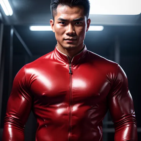 (best quality, highres, detailed:1.2), realistic, detailed face, 28 year-old handsome Vietnamese man in a red suit, strikingly c...