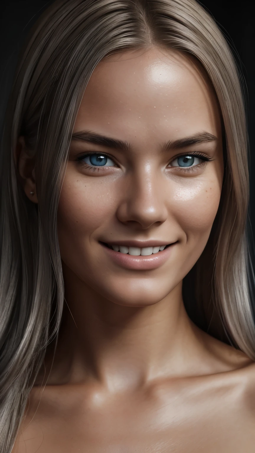 full portrait of young Norwegian woman, smiling, skin pores, dramatic lighting, ambient occlusion, high level of detail, intricate skin details, skin imperfections, beautiful face and fascinating eyes, sharp details, hyper realistic, sharp focus , Perfect detailed anatomy, perfect detailed face, Perfect details, gray eyes, Octane rendering, 8k, masterpiece, Highest quality.