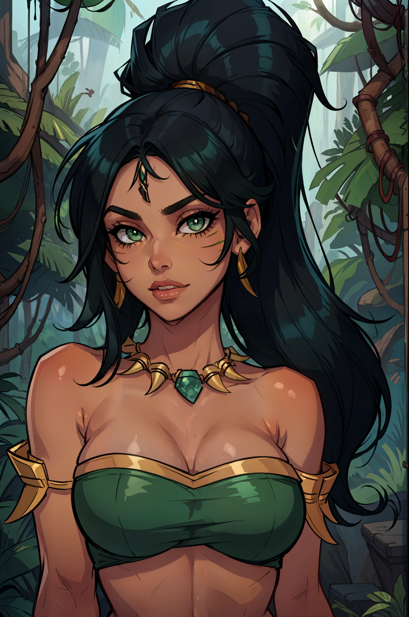 jungle, nidalee, League of Legends, absurdes, haute résolution, 1fille, épaules nues, cheveux noirs, marque faciale, gemme verte sur le front, yeux verts, bijoux, cheveux longs, collier, queue de cheval, seulement, tooth collier, very cheveux longs, bandeau pour cheveux, chef-d&#39;œuvre, meilleure qualité, portrait, beau visage, peau sombre, visage en gros plan