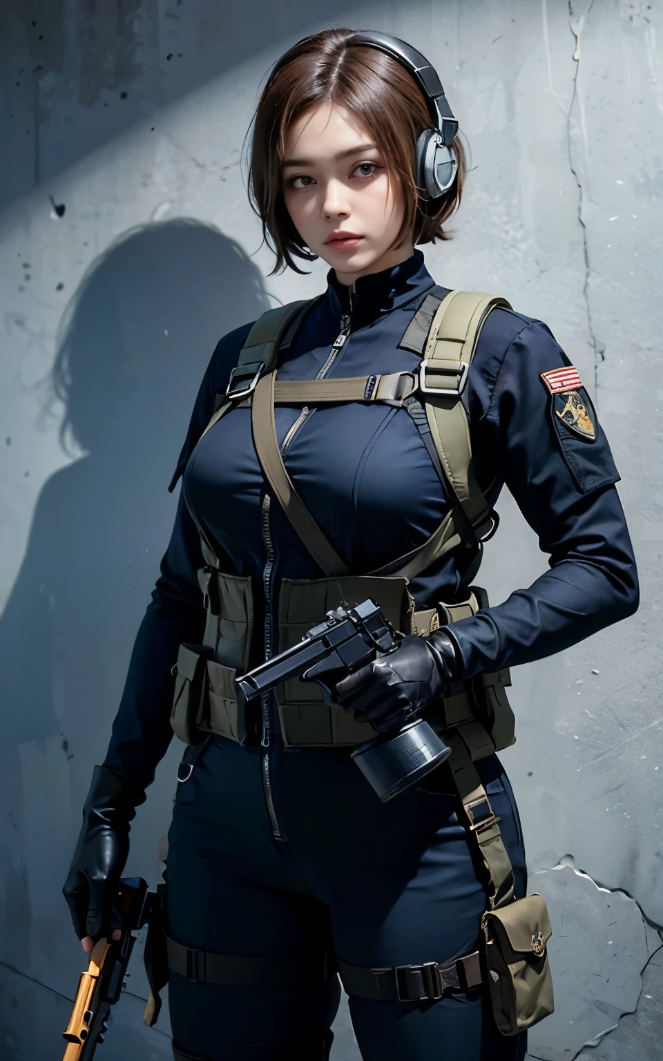 ((Best Quality, 8K, Masterpiece: 1.3)), ((best quality)), photorealistic, photorealism, Photorealistic, high resolution, 1girl aiming with an ak-47 assault rifle, Combat pose, looking at the viewer, (Detailed face), short hair, (wearing red rubber suit, tactical vests, military harness, black gloves, high-tech headset), cloths color based on black dark blue), muscular and plump, revealed plump thigh, Gun, Fingers are occluded, concrete wall background,