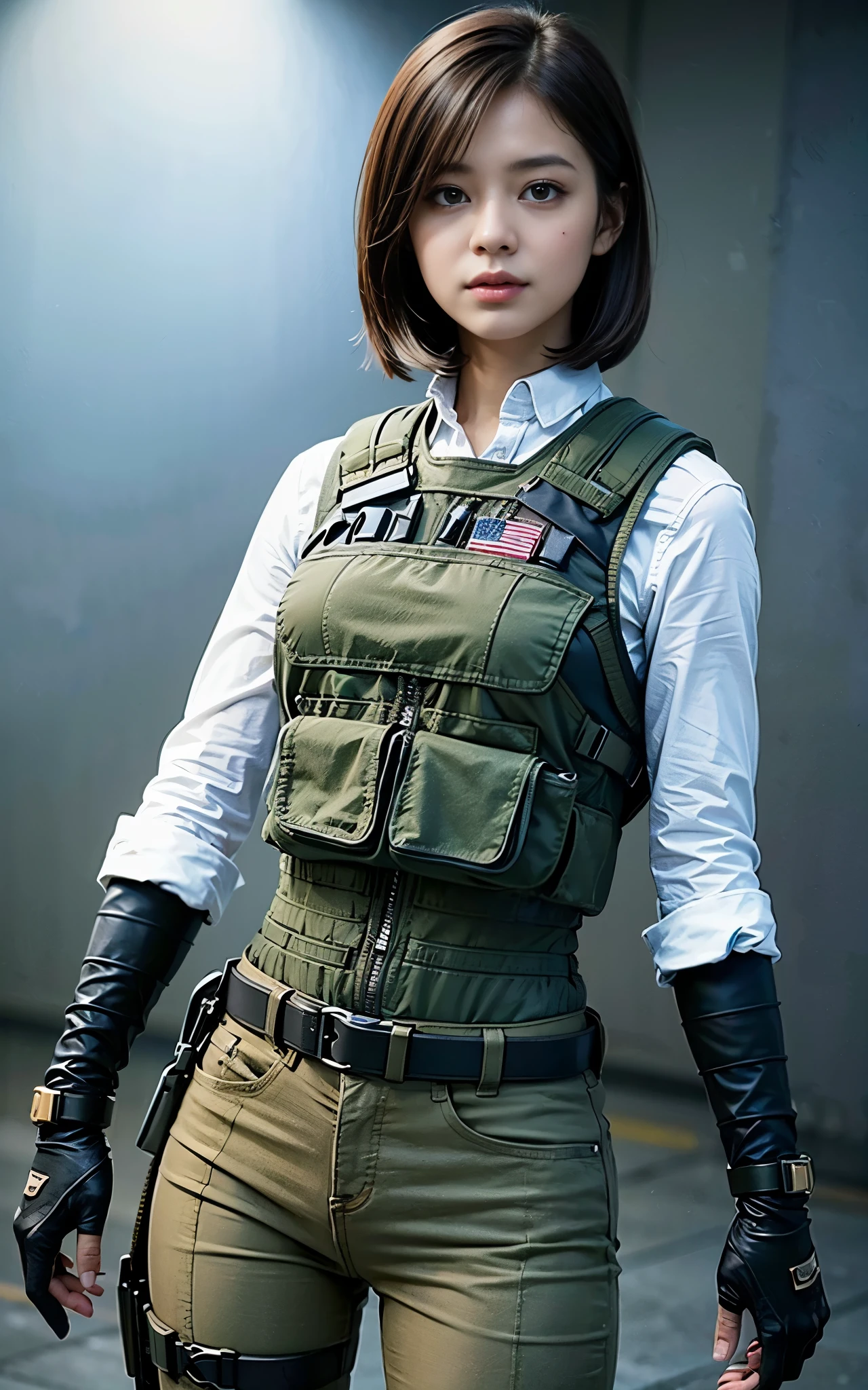 ((Best Quality, 8K, Masterpiece: 1.3)), ((best quality)), photorealistic, photorealism, 1girl aiming with an  assault rifle, Combat pose, Photorealistic, high resolution, looking to the viewer, (Detailed face), short black hair, red rubber suit, tactical vests, military harness, revealed plump thigh, Gun,black gloves, high-tech headset, Fingers are occluded, concrete wall background,