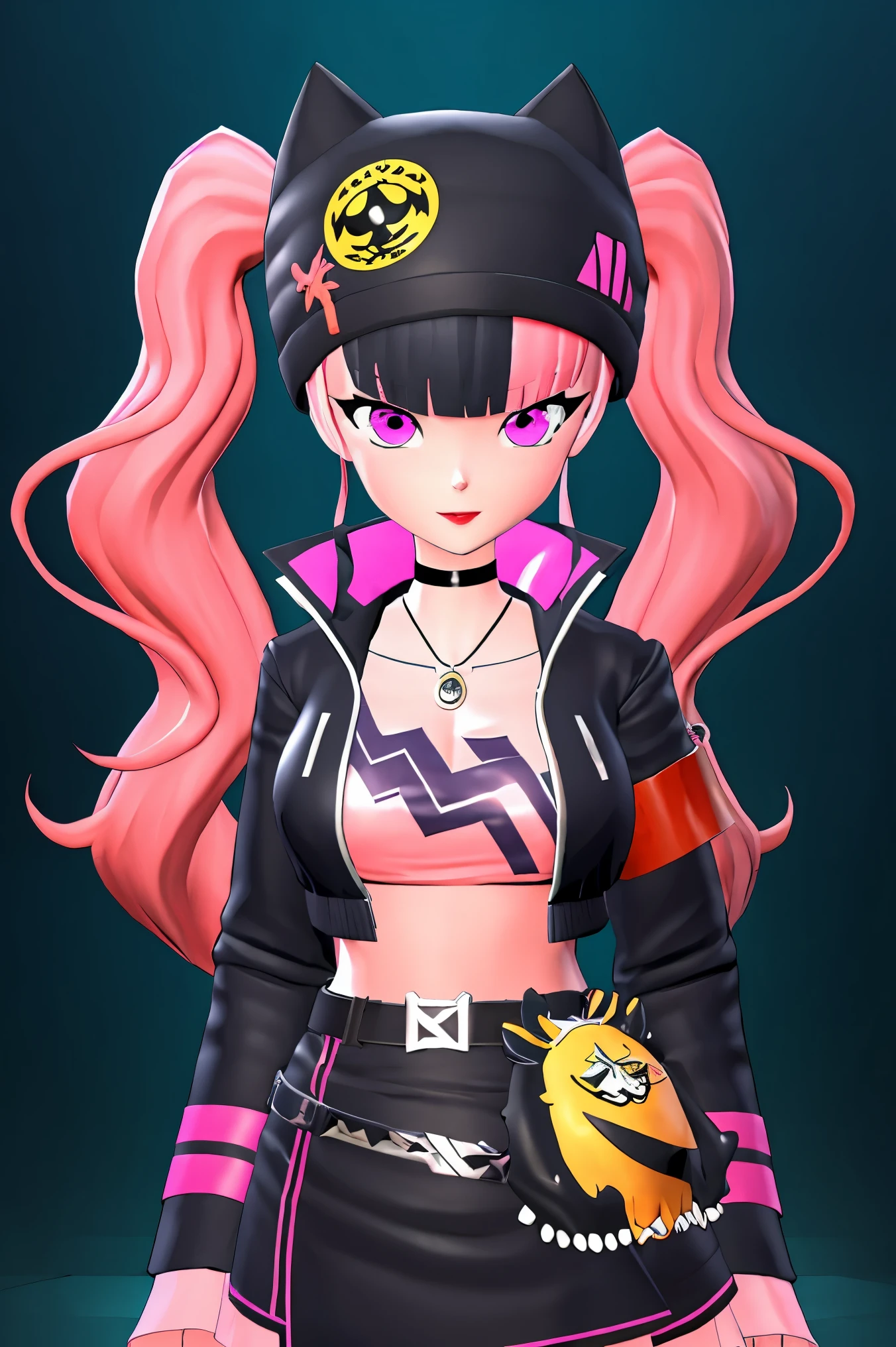 masterpiece, best quality,ZOE,1girl,jacket,multicolored hair,twintails,solo,black hair,black belt,black jacket,pink eyes,belt,hat,pink hair,choker,black choker,looking at viewer,crop top,jewelry,breasts,necklace,bangs,long hair,black headwear