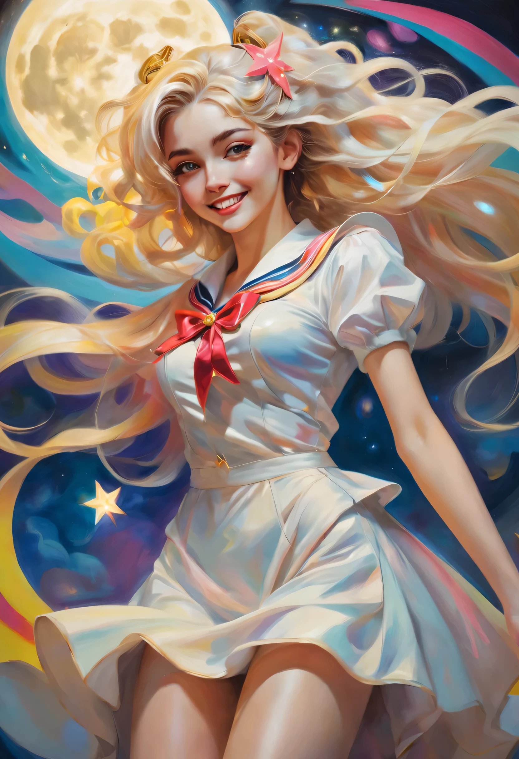 (oil painting:1.5), (NSFW:1.2), a woman joyfully twirling in the raining paint, paint raining, thick paint rainbow hair, body covered with paint, joyful, ((sfw)), calm facial expression, relaxed, gentle smile, (clothes made of liquid paint)), front view, (a girl with sailor moon style),illustration, vibrant colors, magical atmosphere,sparkling eyes,long blonde hair,anime art,smiling expression,cute pose,cosmic background,moonlit night,fantasy world,sparkling stars,stylish outfit,tiara,moon scepter,heart-shaped brooch,wavy hair,flowing ribbons,powerful magical aura,moonlight shining on her,shimmering details,glowing transformation sequence,peaceful and confident,sailor guardian of love and justice,inspired by the iconic anime series. malcolm liepke oil painting style,sexy women,detailed facial features,long flowing hair,alluring gaze,sensual lips,seductive curves,feminine beauty,colorful palette,expressive brushwork,romantic atmosphere,soft lighting,vibrant colors,sophisticated elegance,implied narrative,glimpse of vulnerability,playful confidence,dynamic poses,mysterious allure,subtle sensuality,stunning figure,oil on canvas,graceful movement,captivating charm,artistic composition,provocative allure,evocative expressions,dramatic contrast,delicate details,total mastery of paint,impressionistic rendering,passionate intensity,alluring gaze,irresistible magnetism,sublime elegance,richly textured,visual poetry,ethereal beauty,unforgettable impact