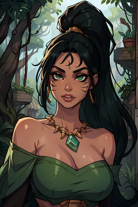 selva, Nidalee, League of Legends, absurdos, high resolution, 1 chica, hombros descubiertos, pelo negro, marca facial, gema verd...