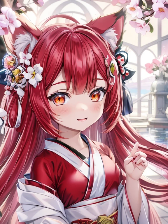 Anime girl with long red hair and a white dress standing in front of a pond, very beautiful anime cat girl, anime style 4 k, Beautiful anime cat girl, detailed digital anime art, beautiful anime portrait, anime style. 8K, anime girl with cat ears, nyaruko-san, Cute 3d anime girl rendering, beautiful anime girl