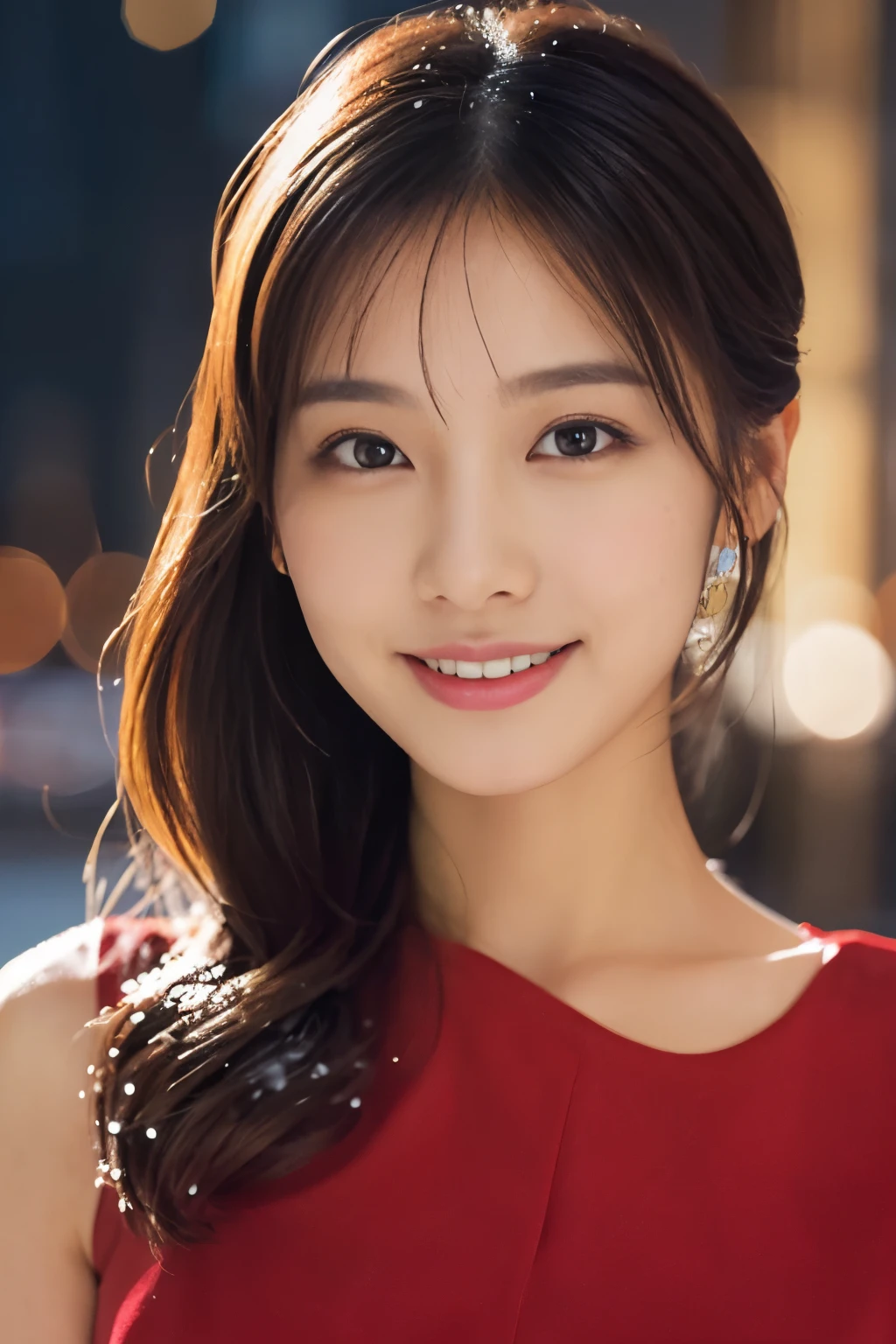 1 girl, (wearing a red dress:1.2), Beautiful Japan actress,
(RAW photo, highest quality), (realistic, Photoreal:1.4), masterpiece, 
very delicate and beautiful, very detailed, 2k wallpaper, wonderful, 
finely, Very detailed CG Unity 8k 壁紙, Super detailed, High resolution, 
soft light, beautiful detailed girl, very detailed目と顔, beautifully detailed nose, beautiful and detailed eyes, cinematic lighting, 
BREAK
(Against the backdrop of a snowy night cityscape 1.3), city lights, (Snow is flying:1.3), 
perfect anatomy, slender body, smile