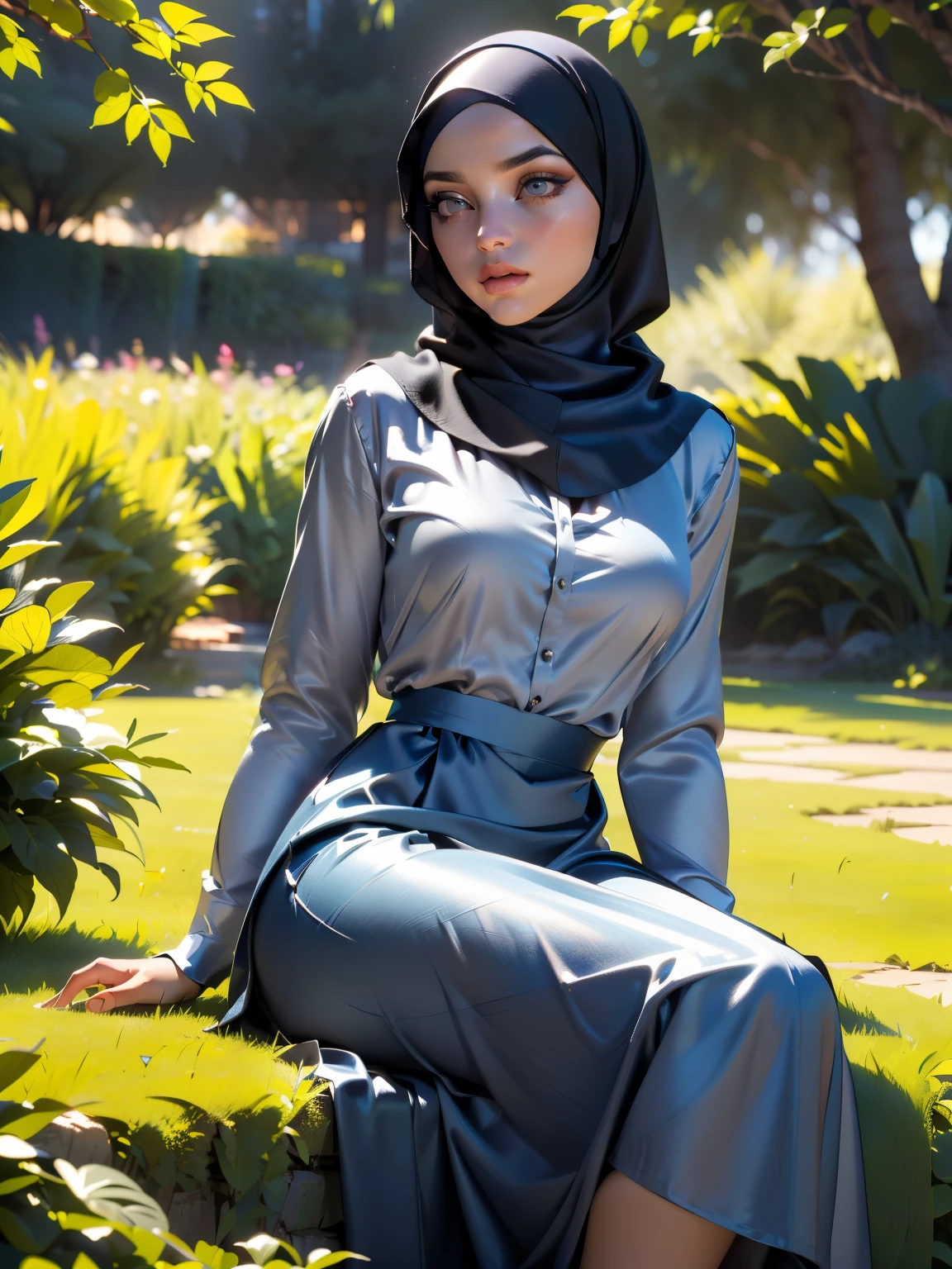 3DMM, ((Masterpiece, best quality, photography, detailed skin, realistic, photo-realistic, 8k, highly detailed, full length frame, High detail RAW color art, diffused soft lighting, shallow depth of field, sharp focus, hyperrealism, cinematic lighting, hijab, a woman in a beautifully makeup, smokey eyeshadow, beautiful big eyes, long eye lashes, wearing (Dark blue satin hijab), loosely tide hijab style, ((gray satin shirt)), satin long maxi skirt, reading, sitting under tree, garden