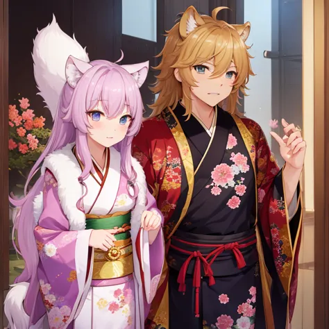 1 male、disguised as a lion、Toyotomi Hideyoshi、kimono、broken long-sleeved kimono、Fluffy fur、Respectable mane、sharp eyes、tooth、coo...