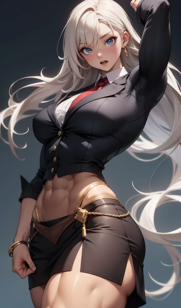 , (muscular female:1.1),blazer, skirt ,muscular thighs,
masterpiece, best quality,  extremely detailed face, perfect lighting, extremely detailed CG,open mouth,