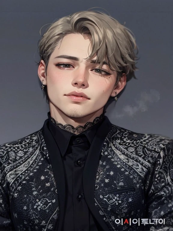 a close up of a person wearing a suit and tie, jimin, park jimin, jimin\'s plump lips, jimin\'s right eyelid swollen, jimin\'s grecian nose, accurate jimin face, with same hairstyle, taken in the early 2020s, he has dark grey hairs, portrait of kpop idol, portrait of jossi of blackpink