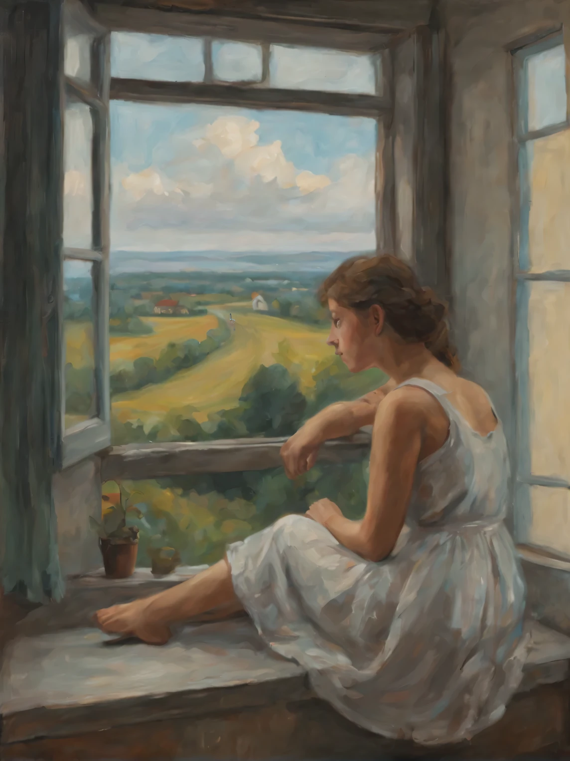 A girl sits on the windowsill near an open window, with his head on his knees., You can see the road through the open window, going to the horizon, girl waiting on the windowsill, drawing, oil, canvas