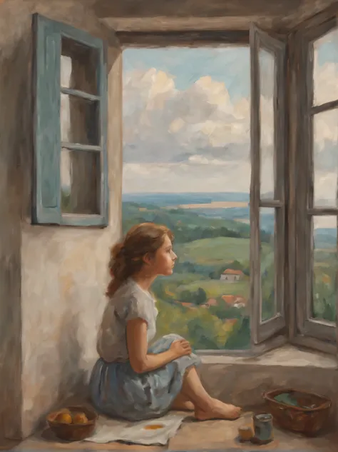 A girl sits on the windowsill near an open window, with his head on his knees., You can see the road through the open window, go...