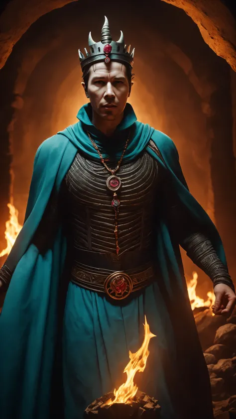 Aidan Gillen as Shinnok from Mortal Kombat, 1man, solo, ((mummy)), (((horned ruby crown))), (((pale white skin))), (dark-turquoi...