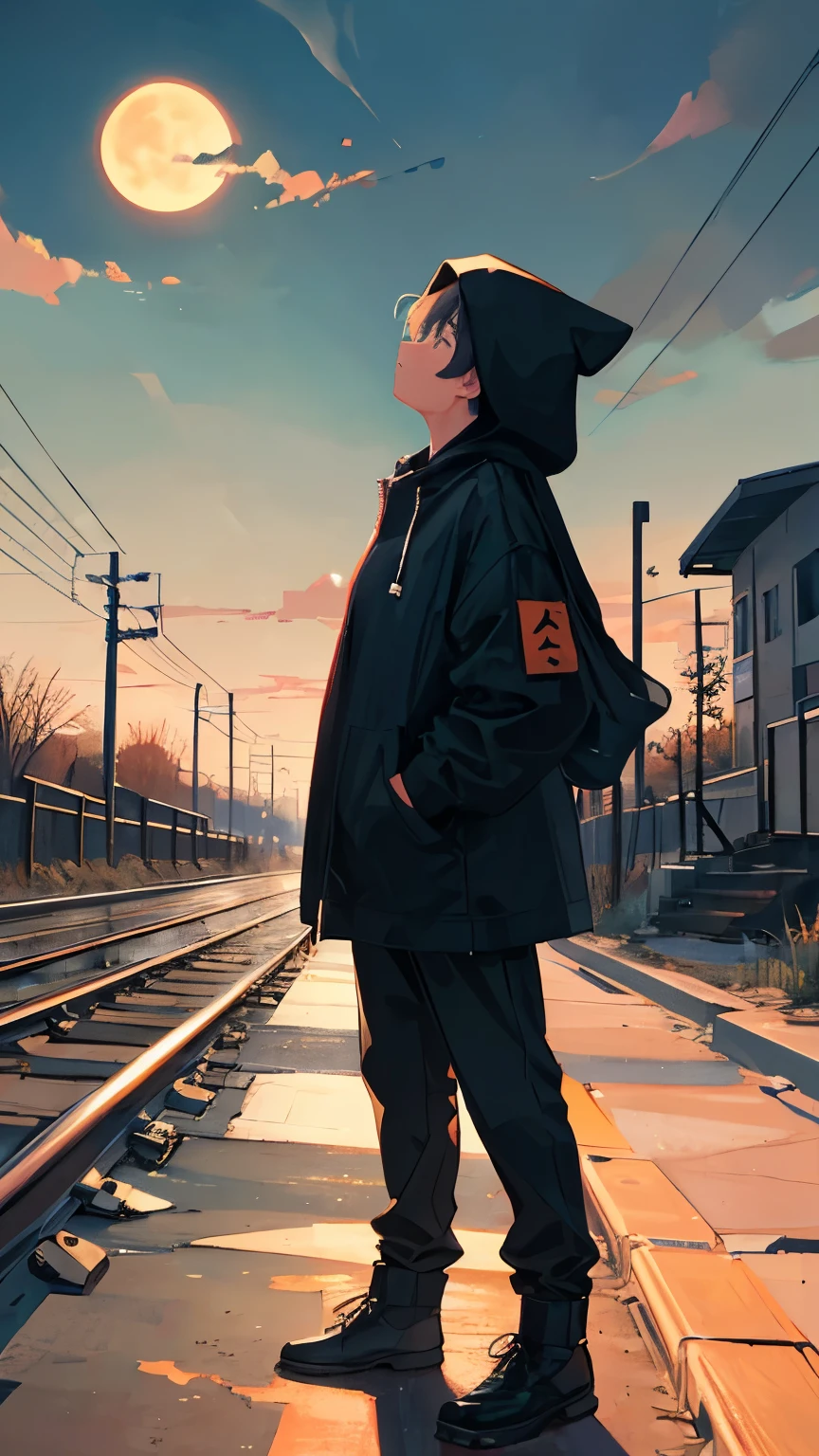 A boy standing in front of a railroad crossing, wearing a black hood, is looking up and the moon can be seen in the distant sky of the city at night.