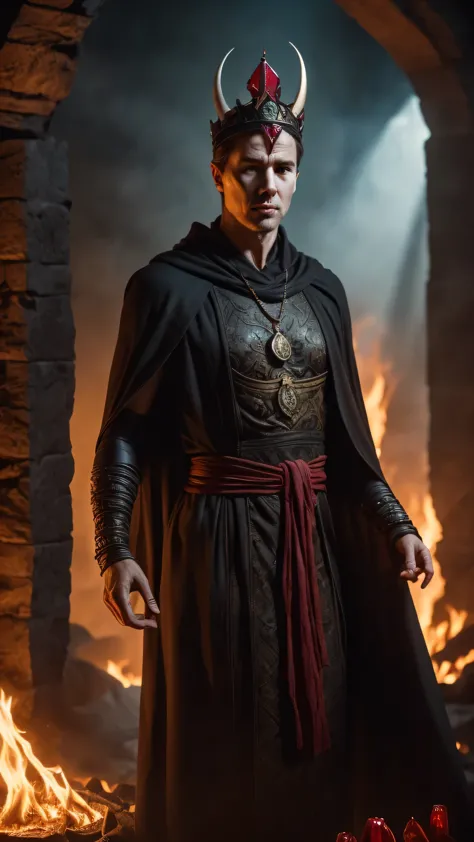 Aidan Gillen as Shinnok from Mortal Kombat, 1man, solo, ((mummy)), (((horned ruby crown))), (((pale white skin))), (dark-emerald...