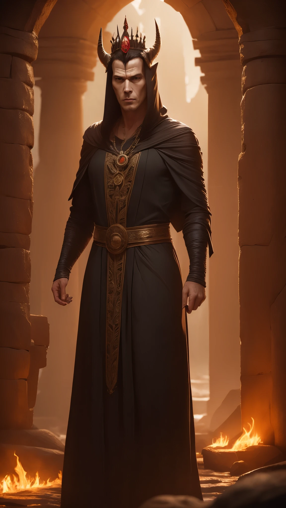 Aidan Gillen as Shinnok from Mortal Kombat, 1man, solo, ((mummy)), (((maroon hennin))), (((pale white skin))), (dark turquoise robe with intricate golden patterns), (amulet), a river of burning lava, burned bones lying everywhere, intricate, high detail, sharp focus, dramatic, photorealistic painting art by greg rutkowski