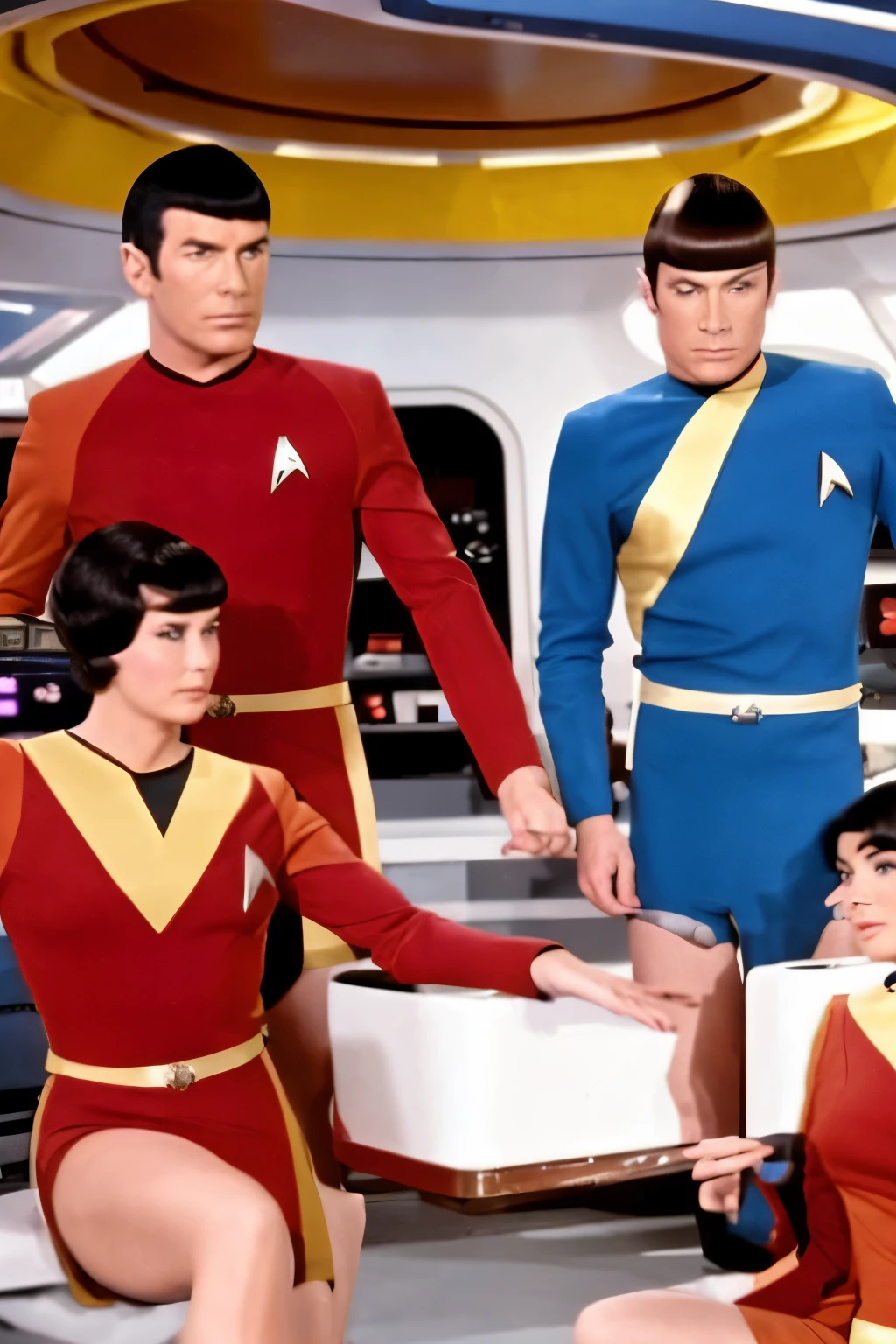 60s Star Trek Porn - ìŠ¤íƒ€íŠ¸ë ‰ ìœ ë‹ˆí¼ì„ ìž…ì€ ì•„ë¼íŽ˜ë“¤ì´ ë²¤ì¹˜ì— ì•‰ì•„ ìžˆë‹¤ - SeaArt AI