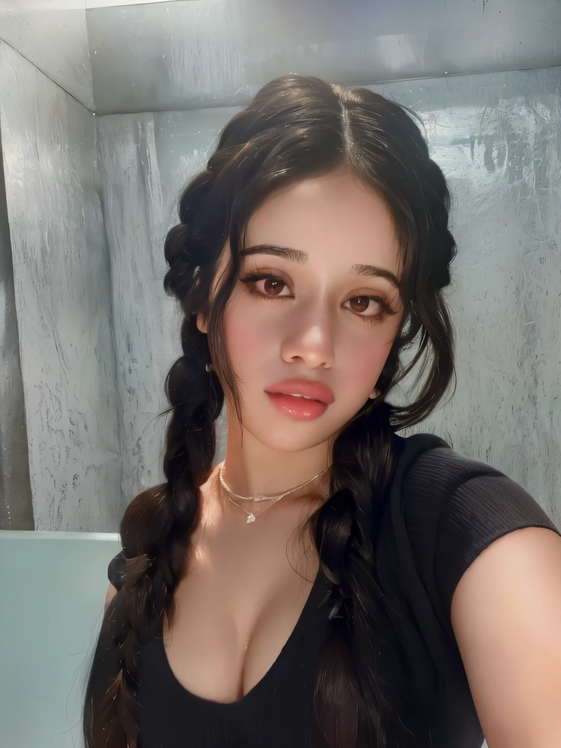 A close up of a woman with long hair and a black top - SeaArt AI