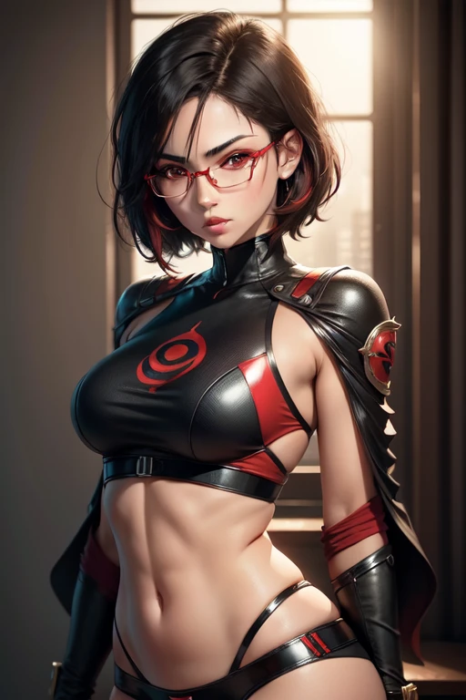 high resolution,artwork:1.2),ultra-detailed,realistic,professional,beautiful detailed eyes,beautiful detailed lips,Dark hair,short black hair,Red and black mix eyeball,  red eyewear,Stunning black eyes,clean skin,18 years old,sleek short hairstyle , glowing red eyeball,vibrant red eyewear,Shinobi Academy,Fierce determination,confident posture,Crimson outfit,intense gaze,Background full of ninjutsu techniques,shadows cleverly accentuating his features,Subtle studio lighting,sublime realism,striking color tones