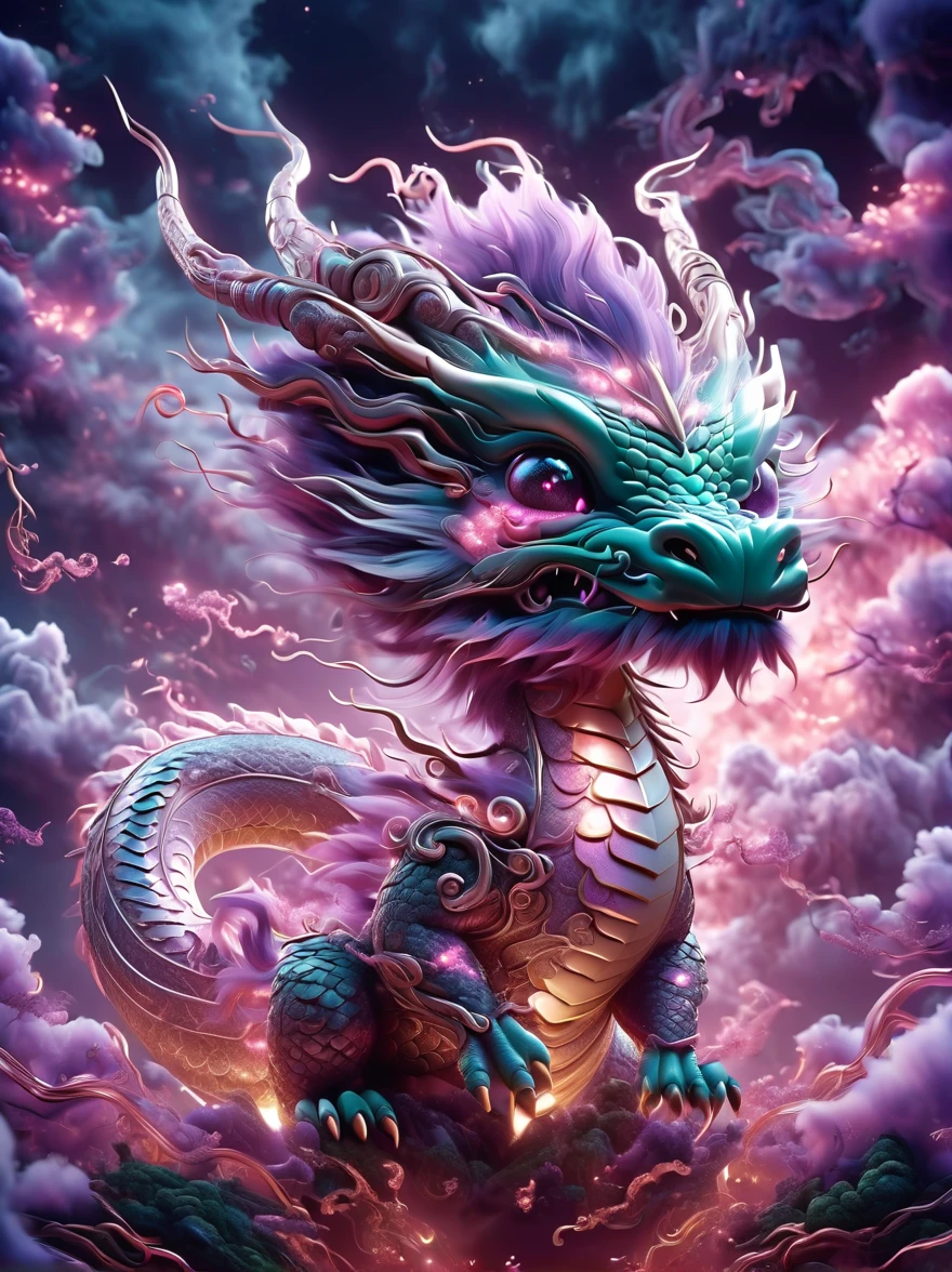 Inspired by Pokémon’s electric creatures，Create 3D renderings of adorable fantasy creatures with electric properties，1 elegant and ethereal light beige cute cartoon Chinese dragon，Majestic and slender figure，((Huge dark purple dragon horns))，Mysterious aura。Chinese dragons have smooth dark purple skin，The back has white skin and natural scaly skin。Its eyes are sharp and intelligent。Cute cartoon Chinese dragon standing proudly among the clouds，The huge dragon horns and slender body are even more prominent against the surrounding ethereal light and faint shimmer.，Highlighting its magical nature。