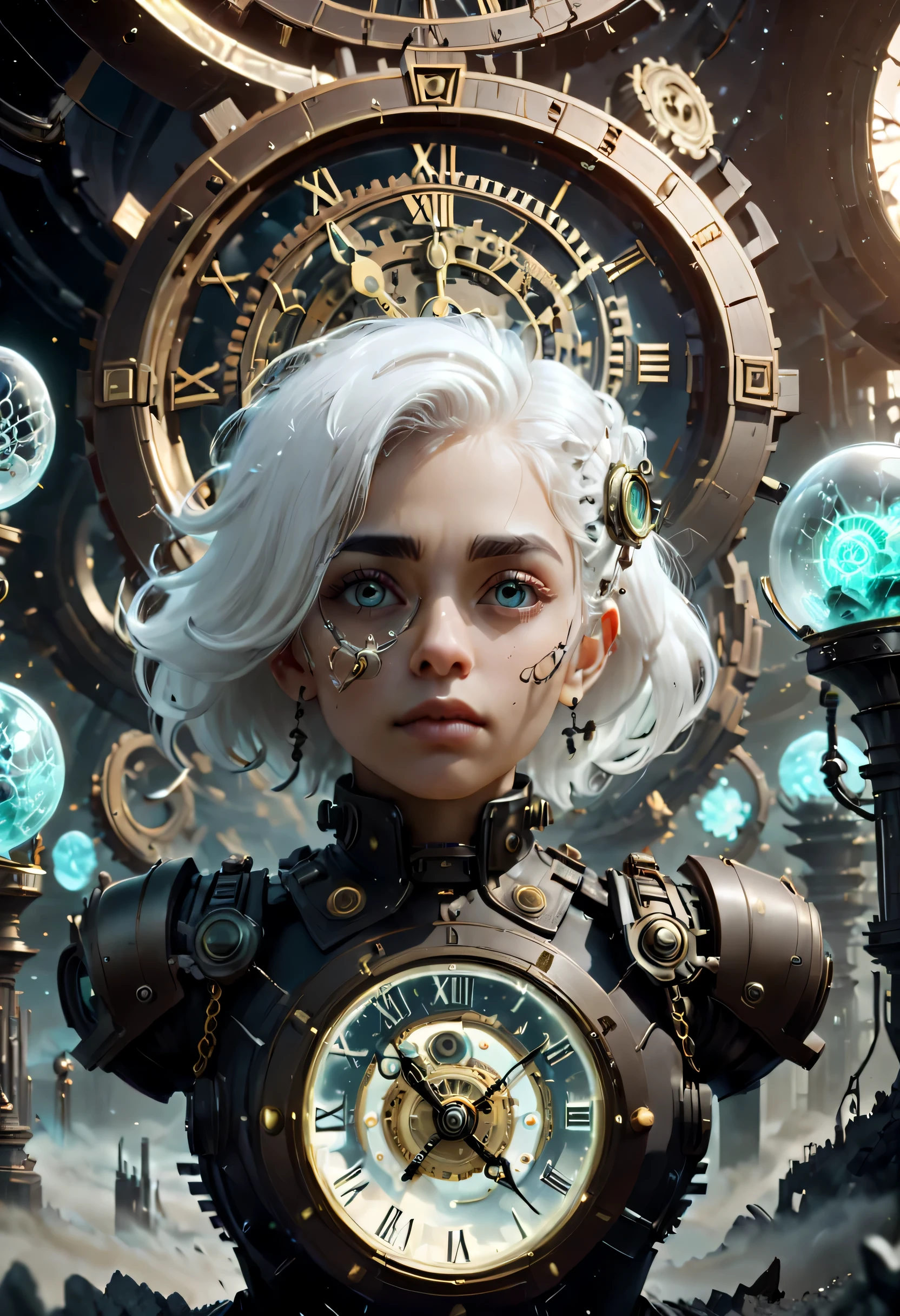 xyzahri, white hair, 1girl, 3d render, cgi, , portrait, solo, half shot, looking up, detailed background, detailed face, dystopian [futuristic|timeless], impossible space, circular patterns, (style-swirlmagic:1.0), hourglass, clockwork, clock gears, cosmic space in background, epic atmosphere